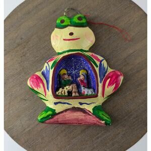 Frog Nativity Scene Christmas Ornament Handmade Folk Art Mexican Pottery OOAK